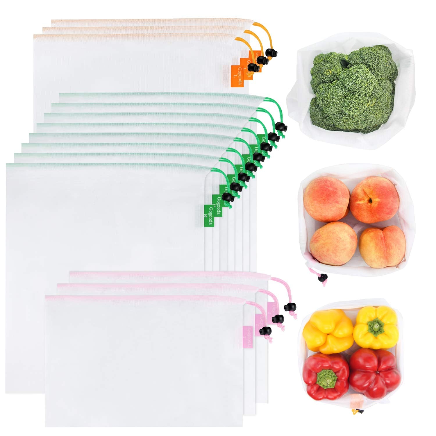 GOGOODA 15 Pcs Premium Reusable Produce Bags, Mesh Bags with Drawstring - 3 Size