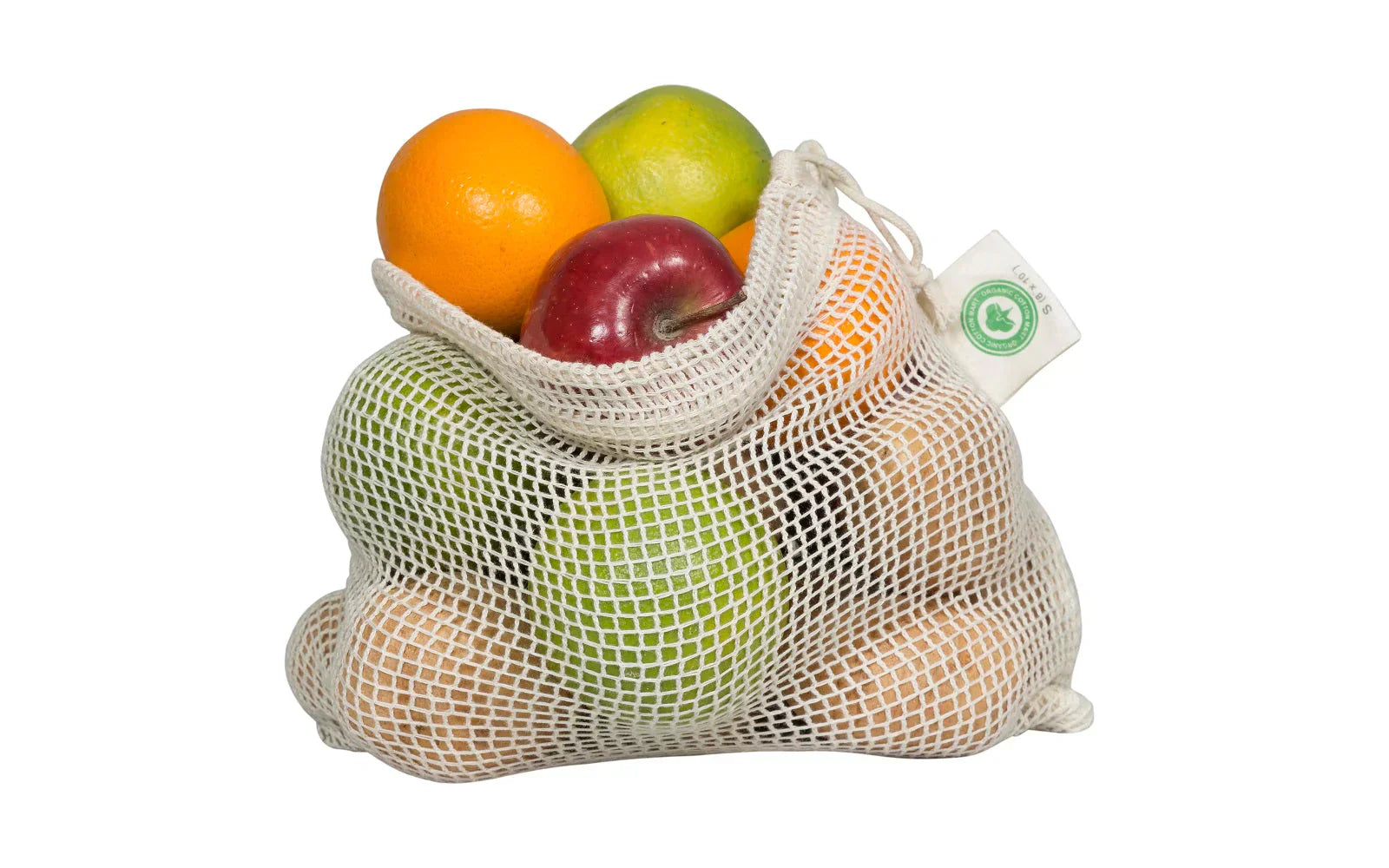 Cotton mesh produce bags filled with fruits