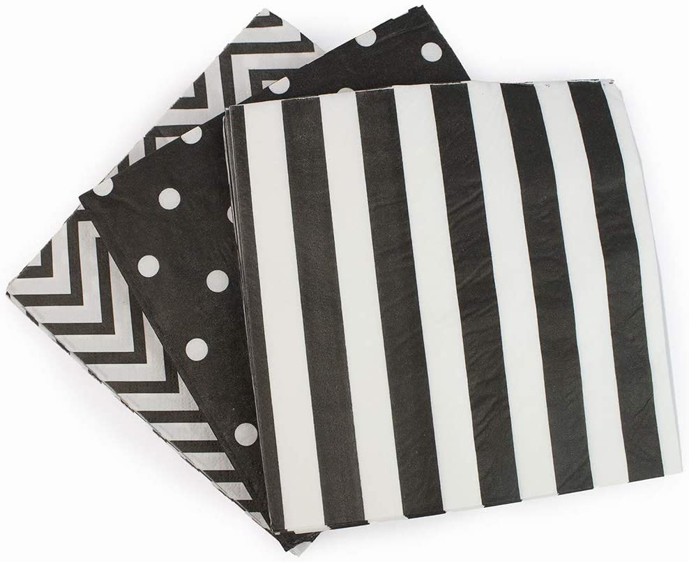 Paper Napkins White Black,  Napkins, folded 6.5” x 6.5”, unfolded 13” x 13”