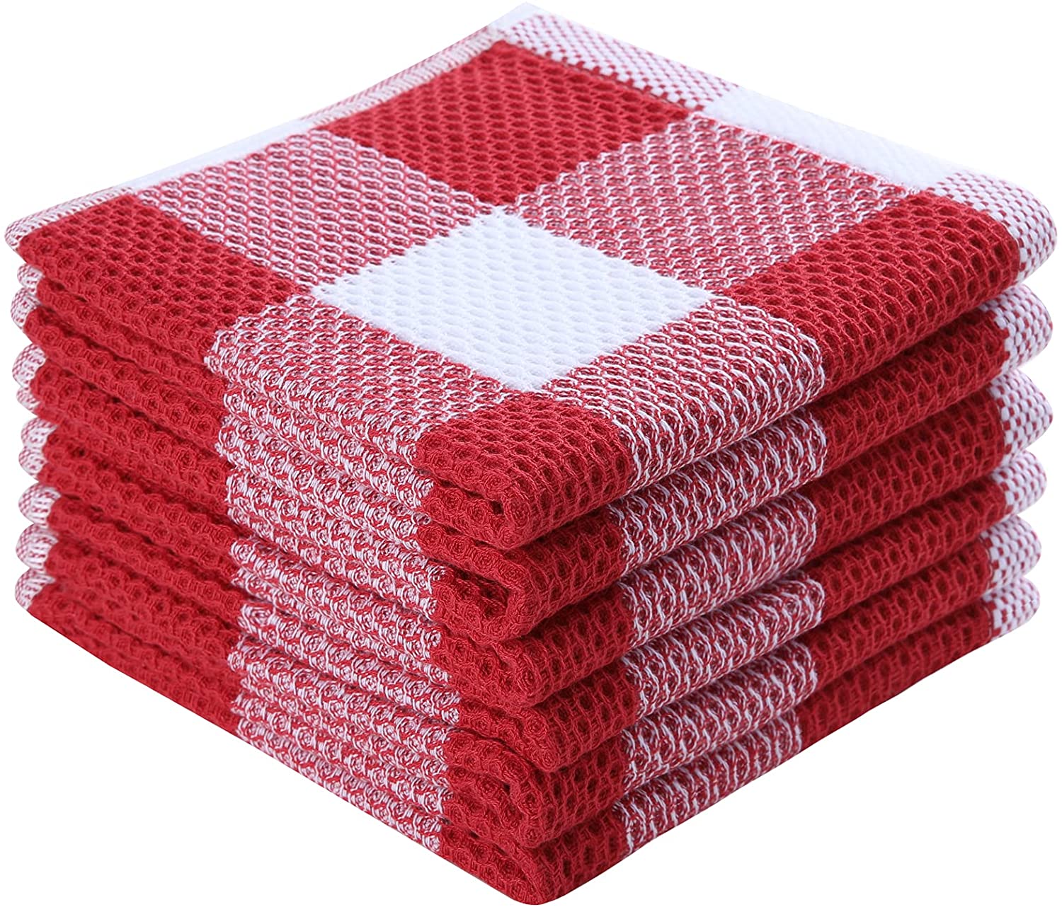 100% Cotton Check Plaid Kitchen Dish Cloths, 6 Pack Kitchen Towels, 12 X 12Inch, Red & White