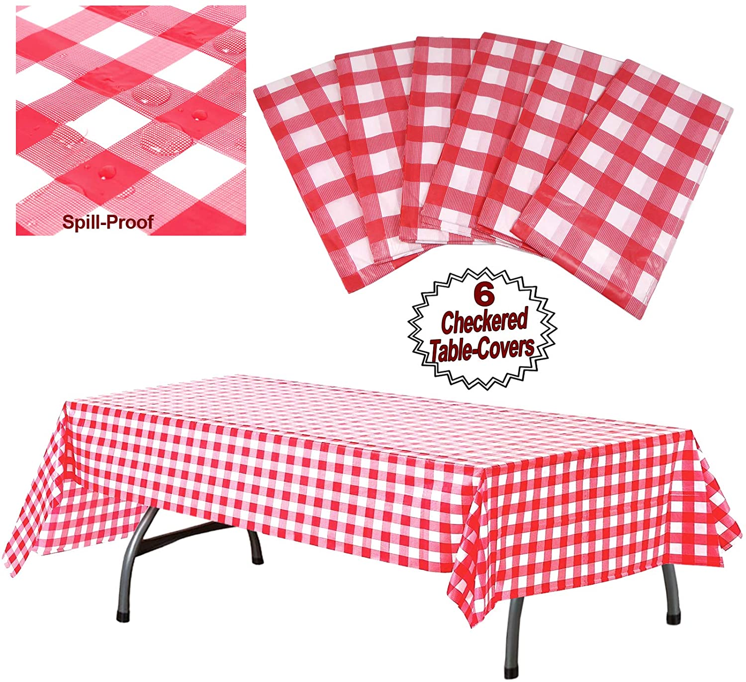 Plastic Checkered Tablecloth | Red and White Picnic Disposable Table Cover | Rectangular Gingham Tablecover for Birthdays, Carnivals, Parties | By Anapoliz