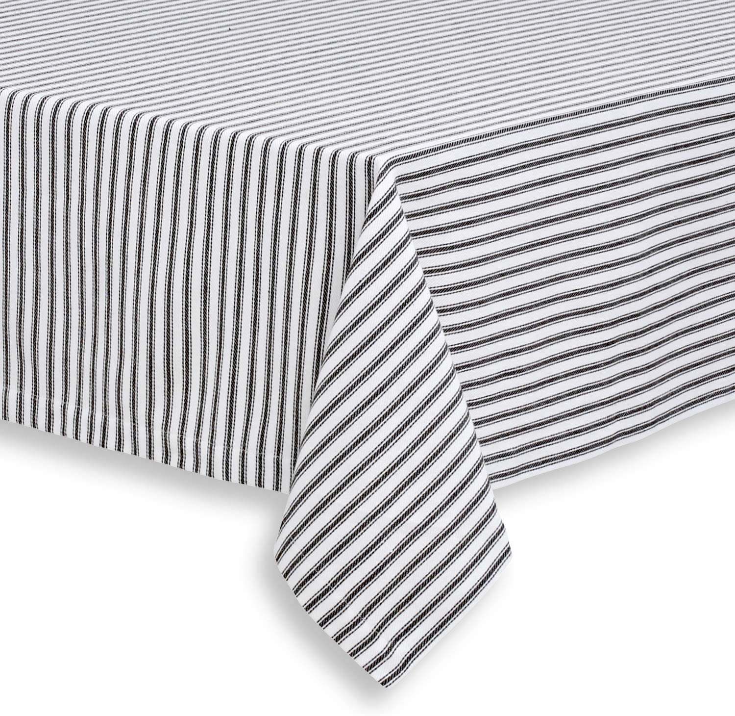 Black and White Ticking Stripe Woven Cotton Fabric Tablecloth, 54 Square
